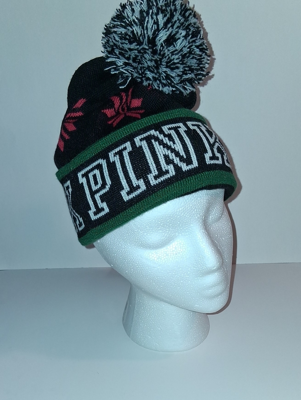 Victoria Secret PINK Winter Beanie Hat Black Green Snowflake Pom Pom